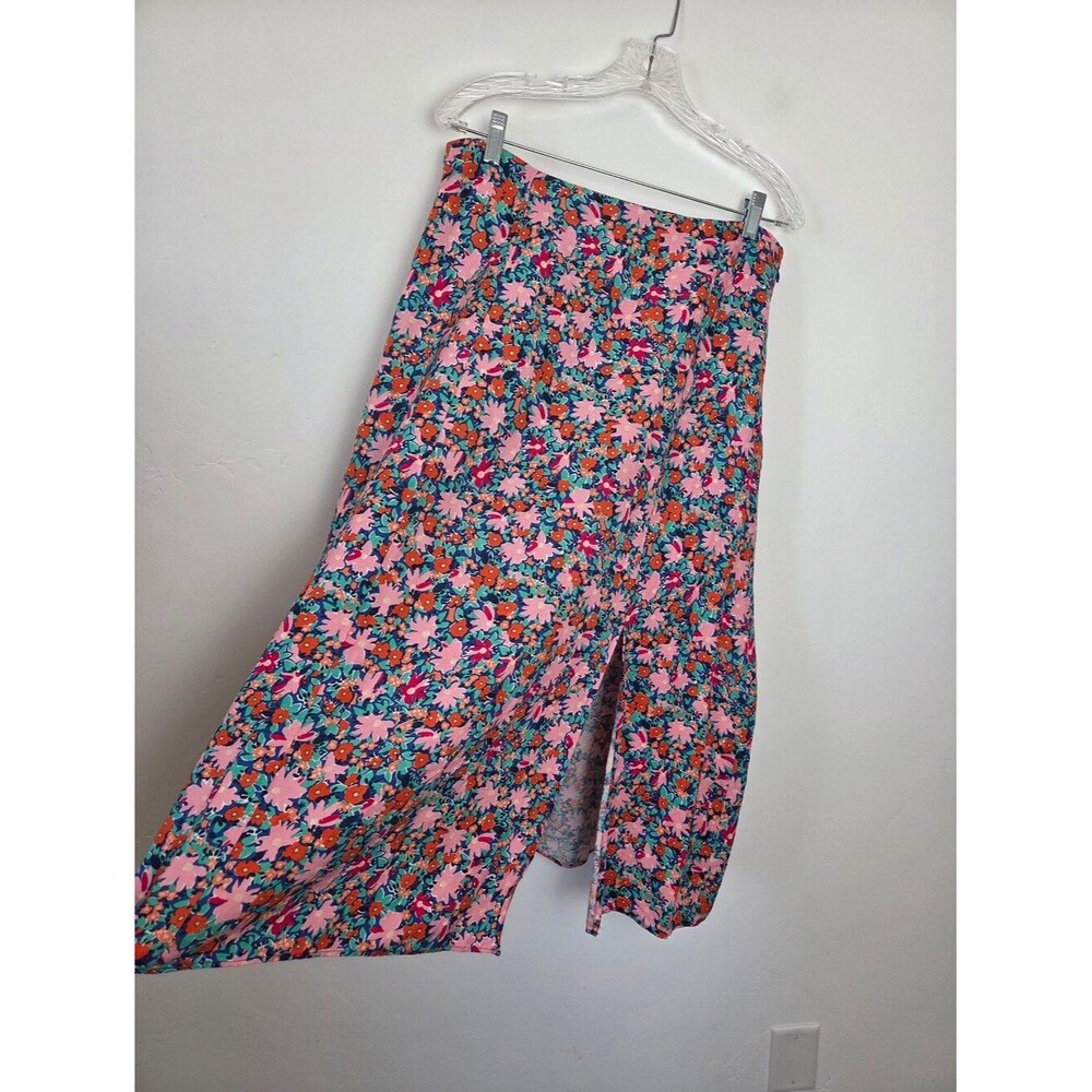 Loft Linen Blend Floral Midi Skirt W/ Slit Pink Bloom Summer Hippie Festival 10